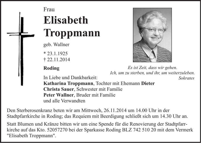 Traueranzeige Elisabeth Troppmann