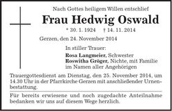 Traueranzeige Hedwig Oswald