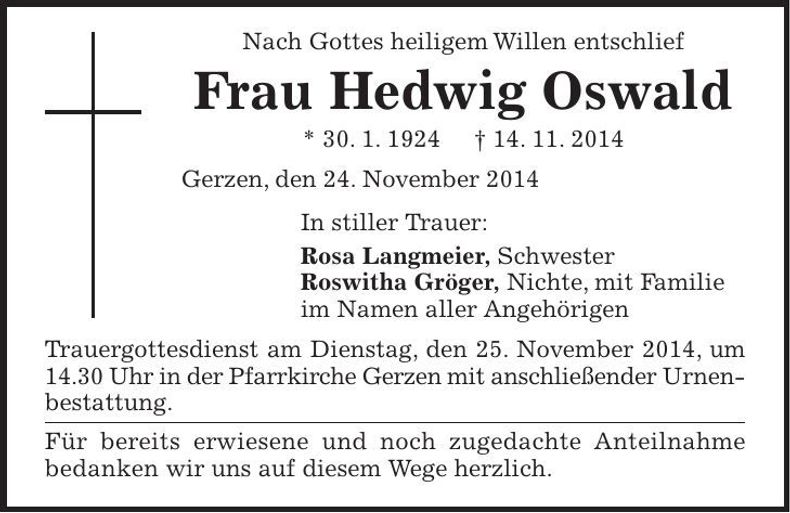 Traueranzeige Hedwig Oswald