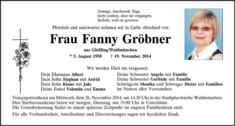 Traueranzeige Fanny Gröbner