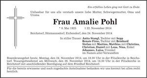 Traueranzeige Amalie Pohl