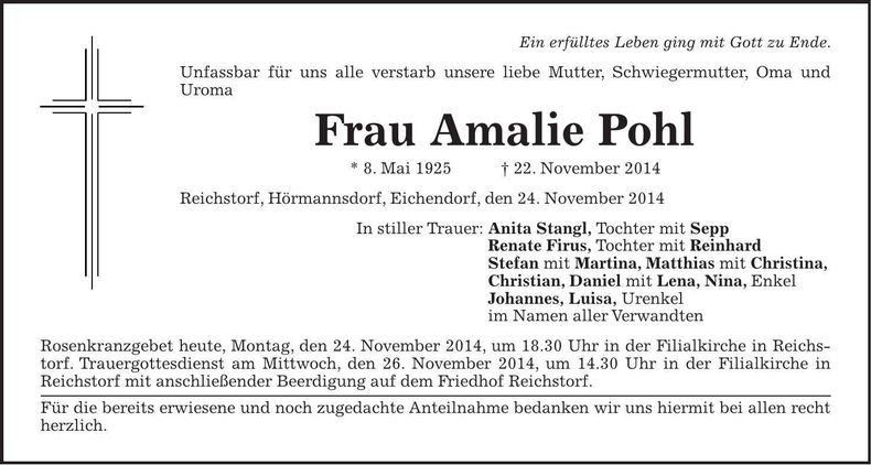 Traueranzeige Amalie Pohl
