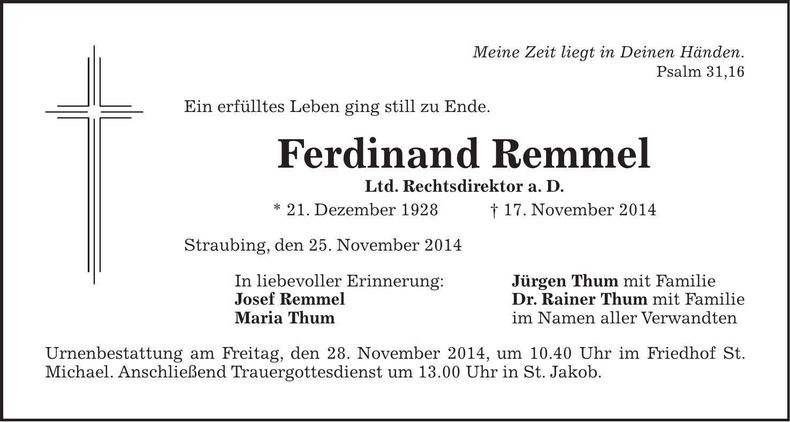 Traueranzeige Ferdinand Remmel