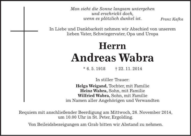 Traueranzeige Andreas Wabra