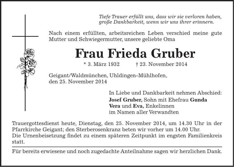 Traueranzeige Frieda Gruber