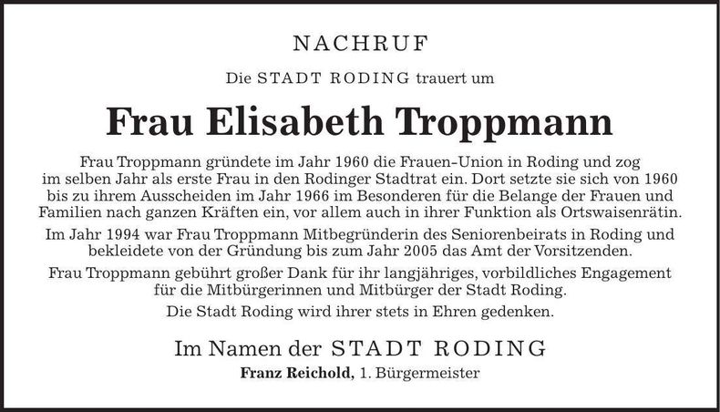 Traueranzeige Elisabeth Troppmann