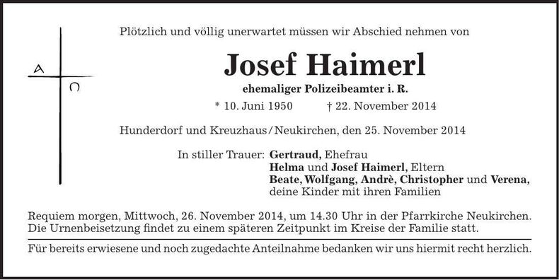 Traueranzeige Josef Haimerl