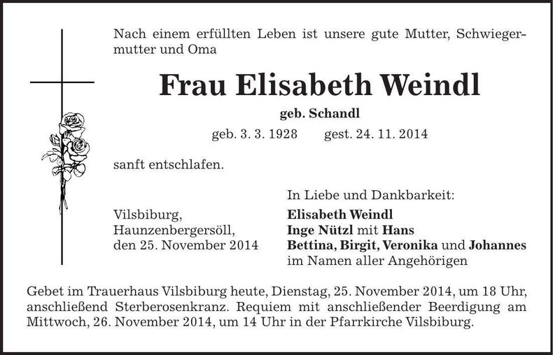 Traueranzeige Elisabeth Weindl