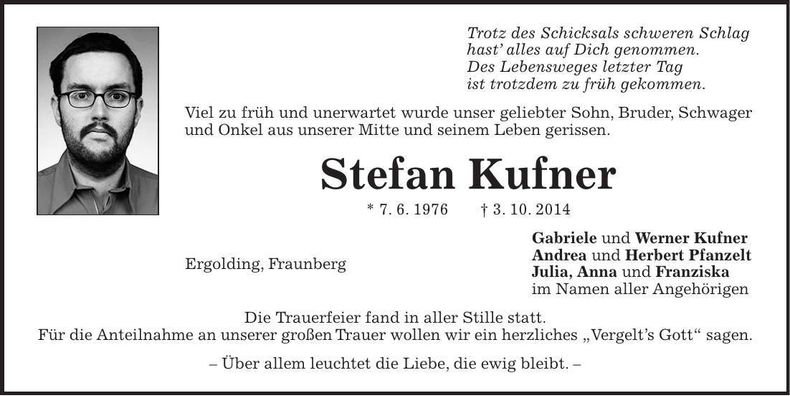 Traueranzeige Stefan Kufner