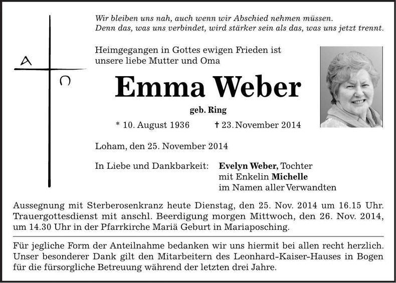 Traueranzeige Emma Weber