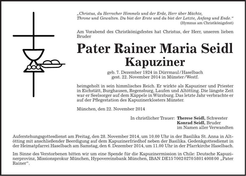Traueranzeige Rainer Maria Pater Seidl