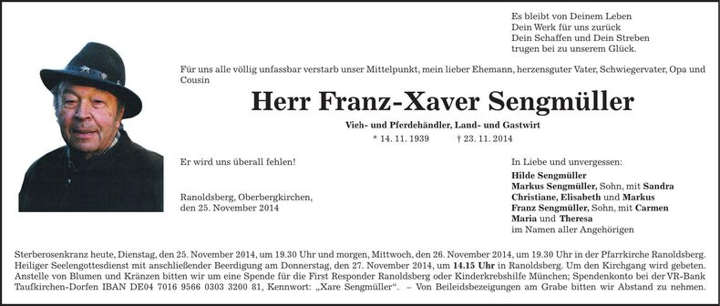 Traueranzeige Franz-Xaver Sengmüller