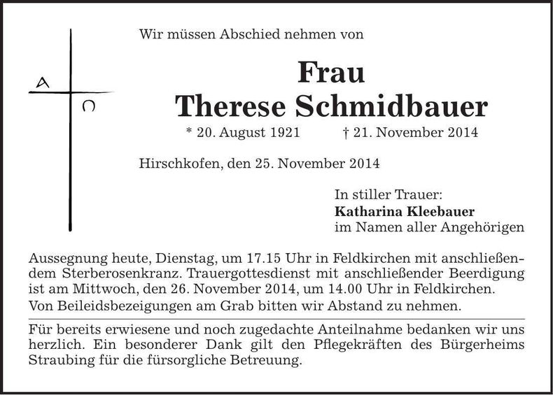 Traueranzeige Therese Schmidbauer