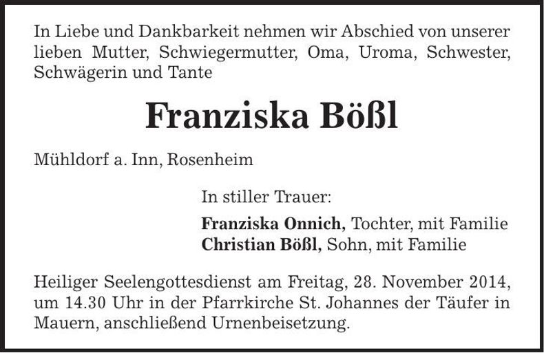 Traueranzeige Franziska Bößl