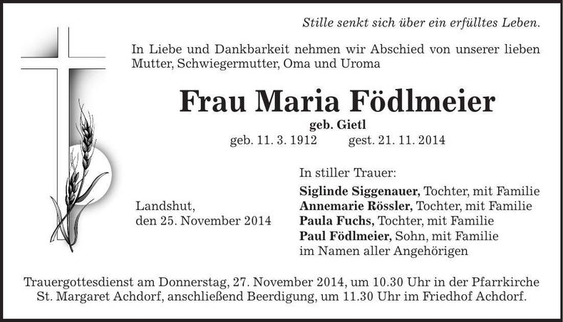 Traueranzeige Maria Födlmeier