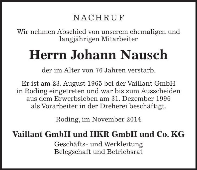 Traueranzeige Johann Nausch
