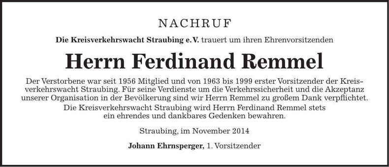 Traueranzeige Ferdinand Remmel