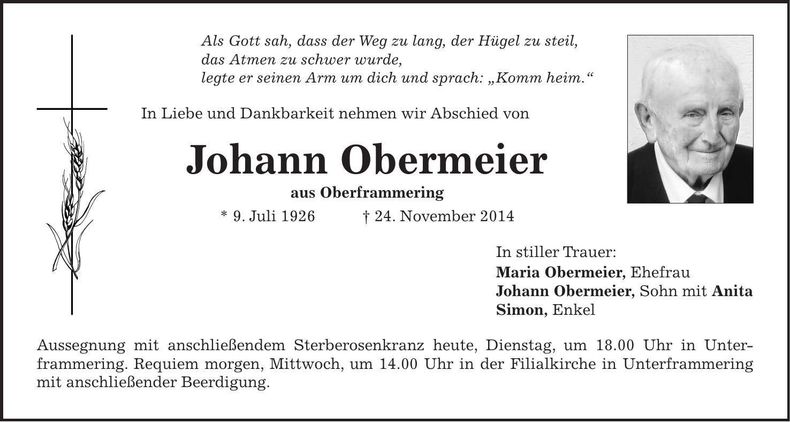 Traueranzeige Johann Obermeier