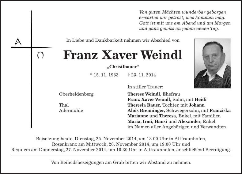 Traueranzeige Franz Xaver Weindl