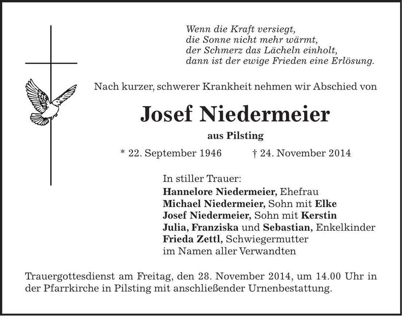 Traueranzeige Josef Niedermeier
