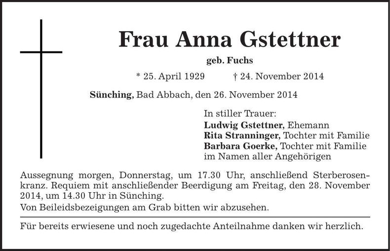 Traueranzeige Anna Gstettner