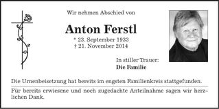 Traueranzeige Anton Ferstl
