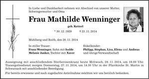 Traueranzeige Mathilde Wenninger