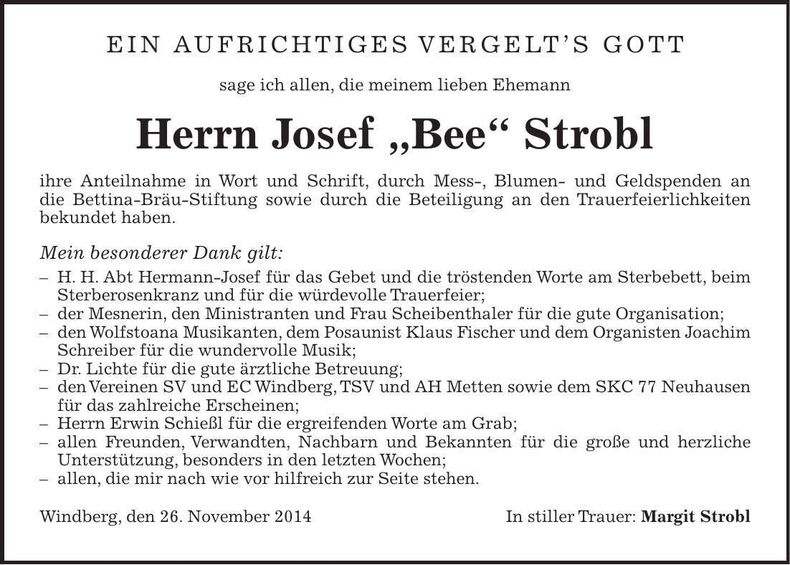 Traueranzeige Josef, Bee Strobl