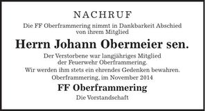 Traueranzeige Johann Obermeier sen.