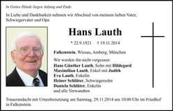 Traueranzeige Hans Lauth