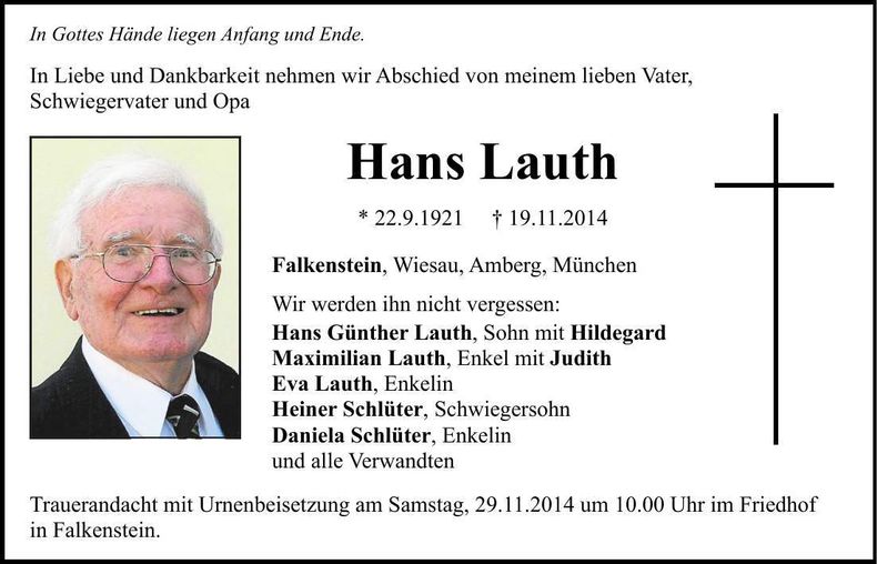 Traueranzeige Hans Lauth