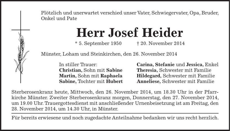 Traueranzeige Josef Heider