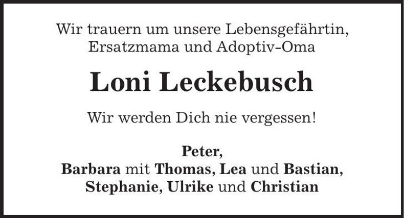 Traueranzeige Loni Leckebusch