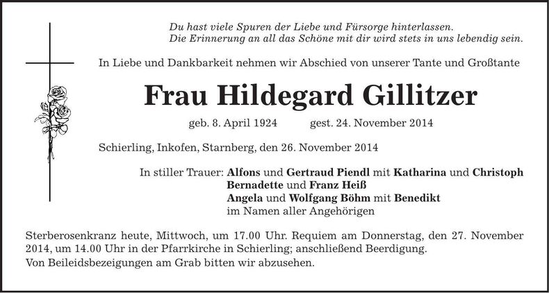 Traueranzeige Hildegard Gillitzer