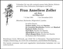 Traueranzeige Anneliese Zollner