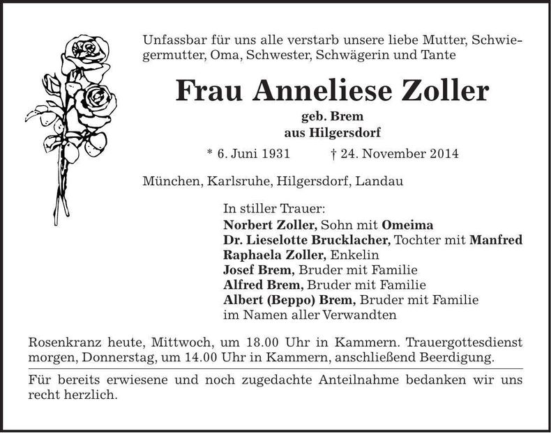 Traueranzeige Anneliese Zollner
