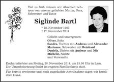 Traueranzeige Siglinde Bartl
