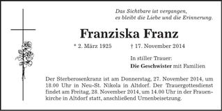 Traueranzeige Franziska Franz