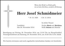 Traueranzeige Josef Schmidmeier