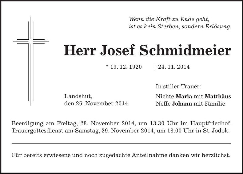 Traueranzeige Josef Schmidmeier