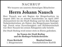 Traueranzeige Johann Nausch