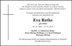 Traueranzeige Eva Ratke