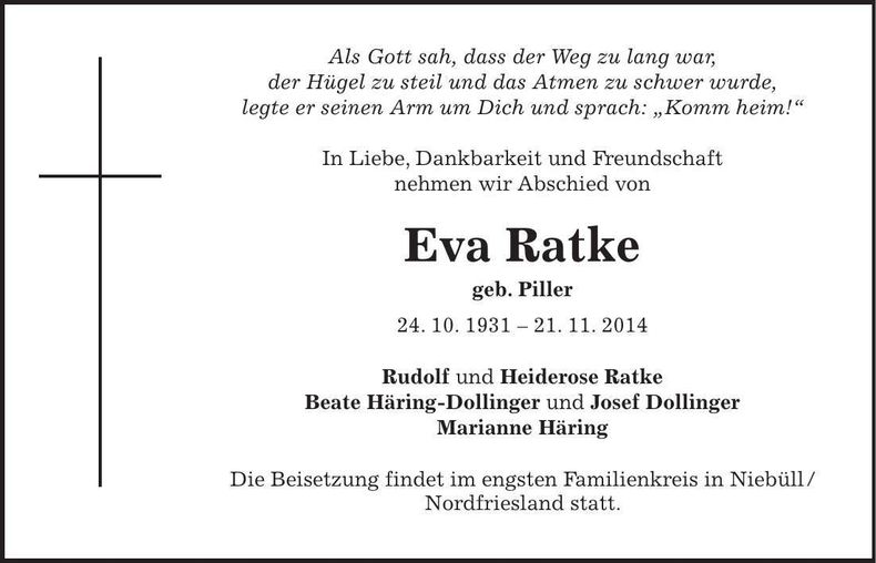 Traueranzeige Eva Ratke