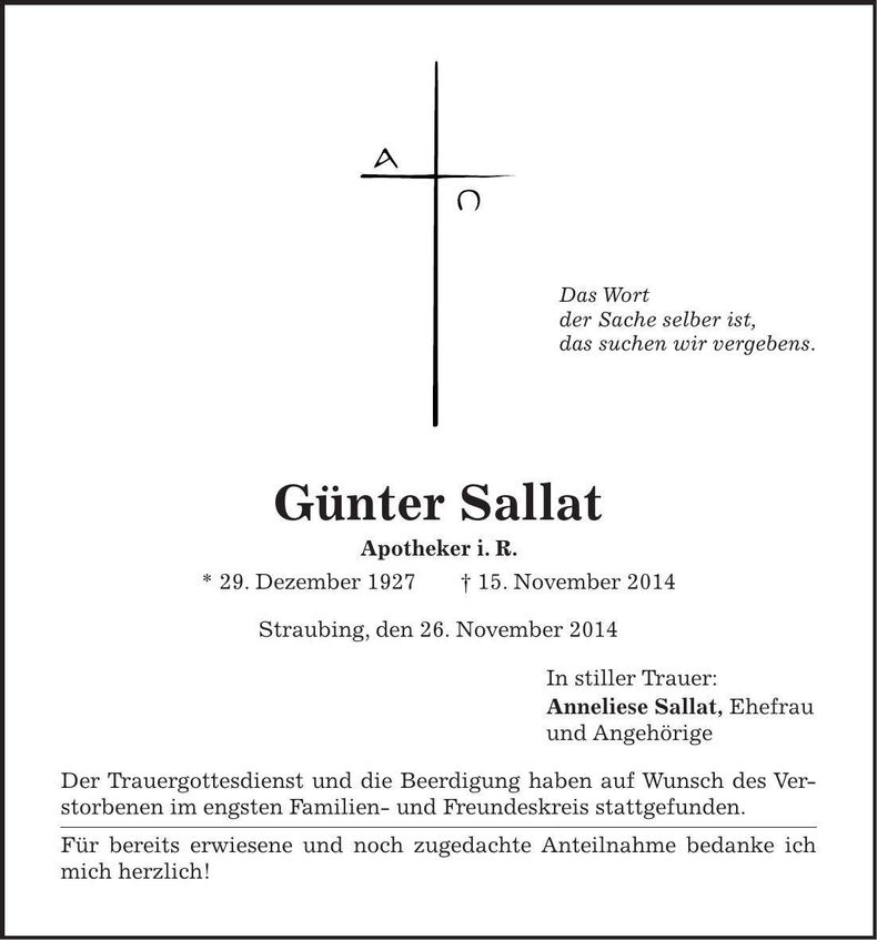 Traueranzeige Günter Sallat