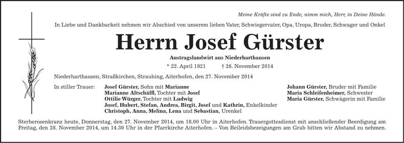 Traueranzeige Josef Gürster