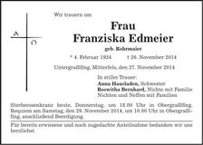 Traueranzeige Franziska Edmeier