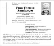 Traueranzeige Therese Sandweger