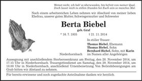 Traueranzeige Berta Biebel
