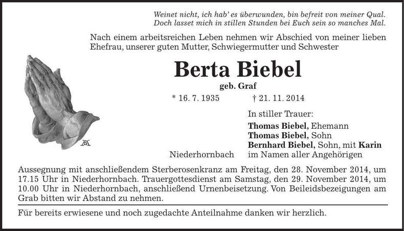 Traueranzeige Berta Biebel