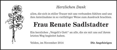 Traueranzeige Renate Sadlstadter